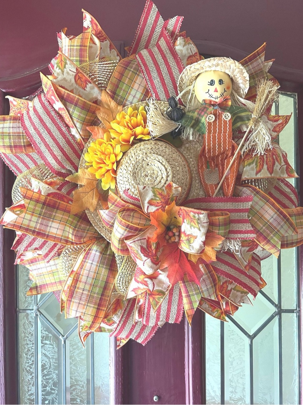 Handmade Fall Scarecrow Deco Mesh Wreath Autumn Harvest Front Door Decor 22"